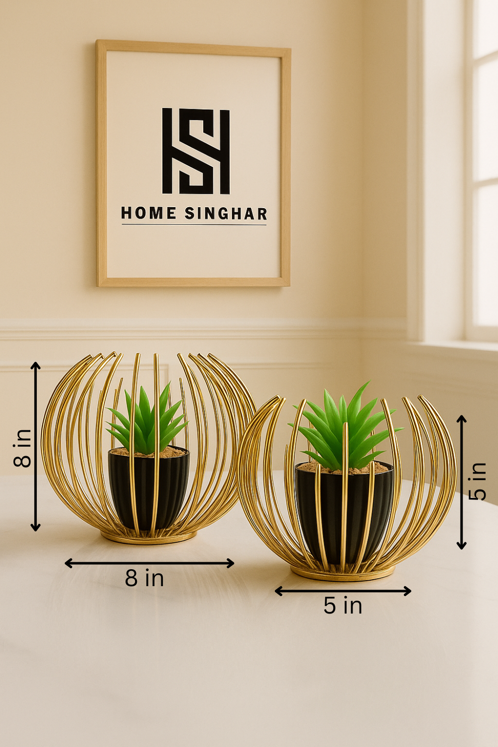 Set of 2 Metallic Golden Globe Decor with Planter Inside