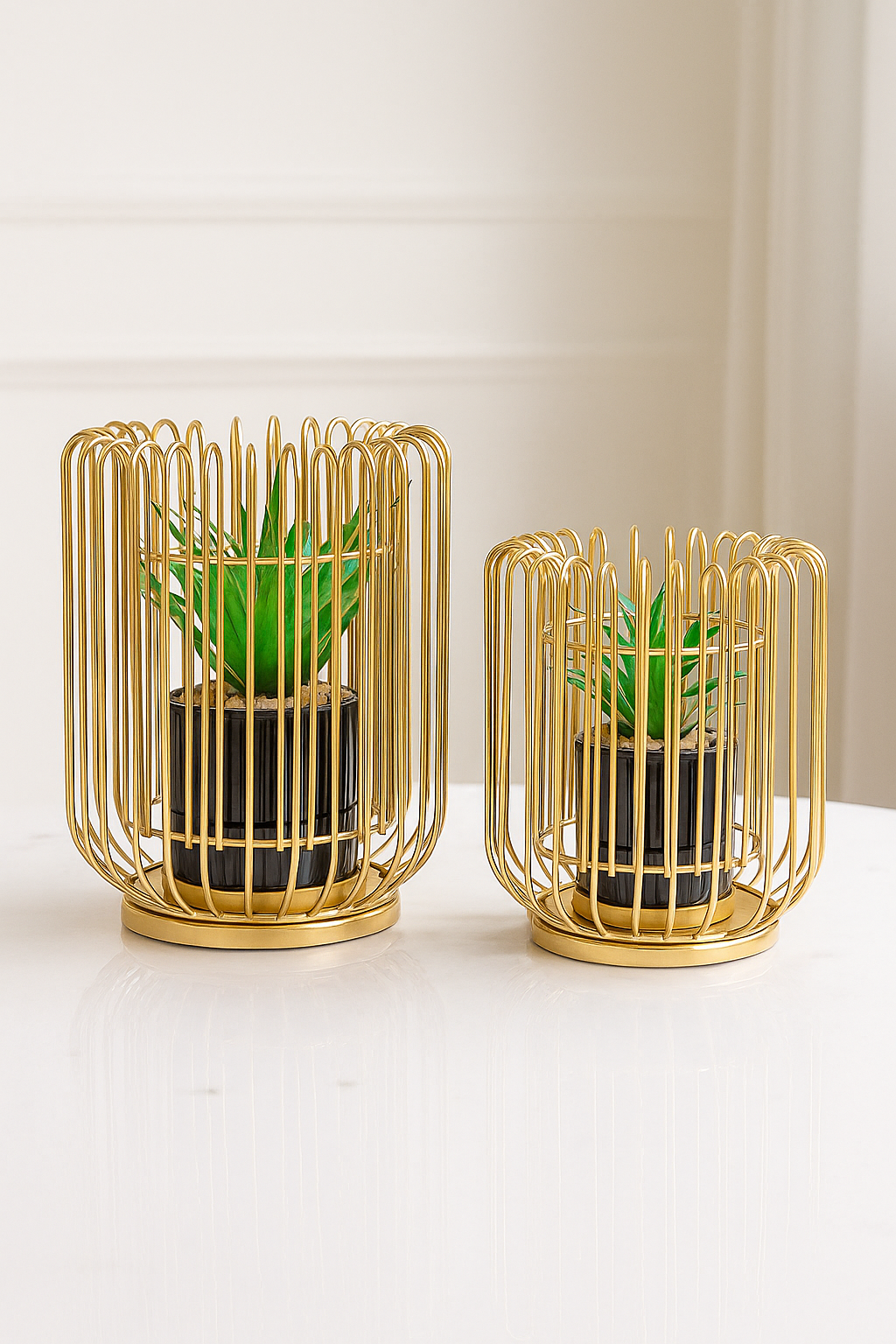 Set of 2 Metallic Golden Globe Decor with Planter Inside