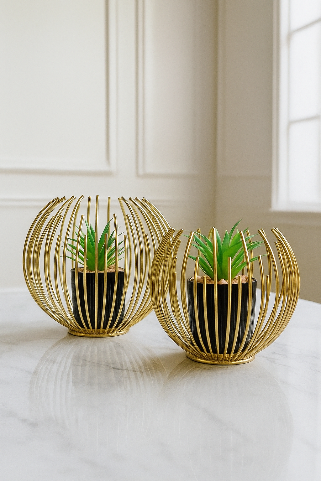 Set of 2 Metallic Golden Globe Decor with Planter Inside