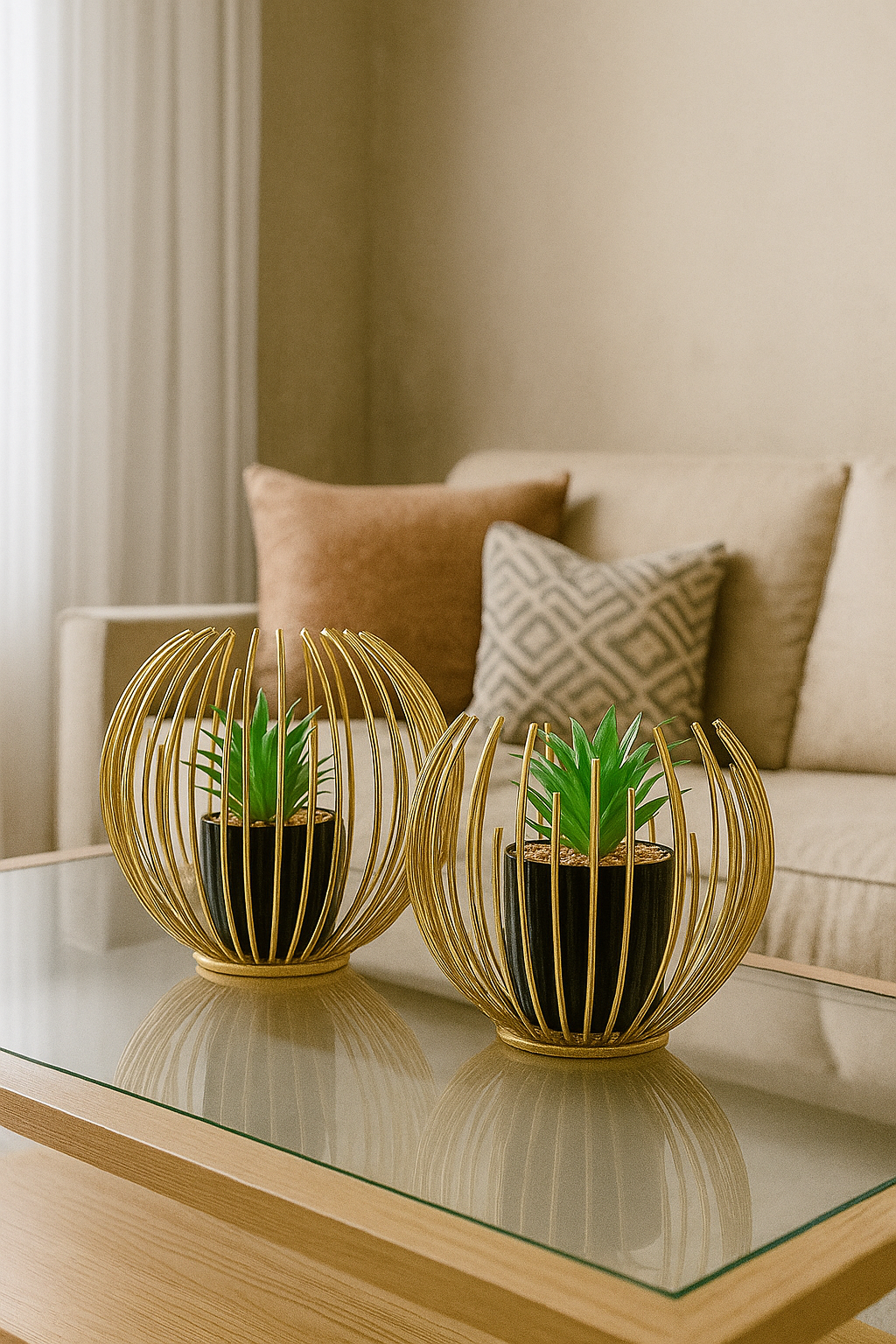 Set of 2 Metallic Golden Globe Decor with Planter Inside