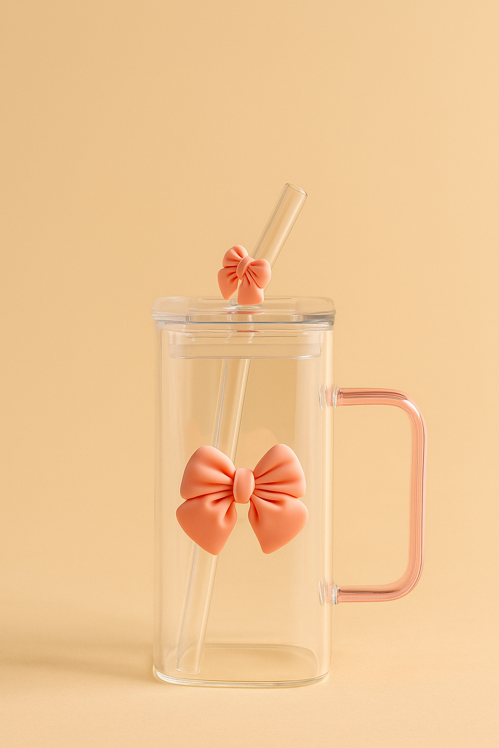 1pc Cute Bow Glass Cup with Handle and Straw Lid