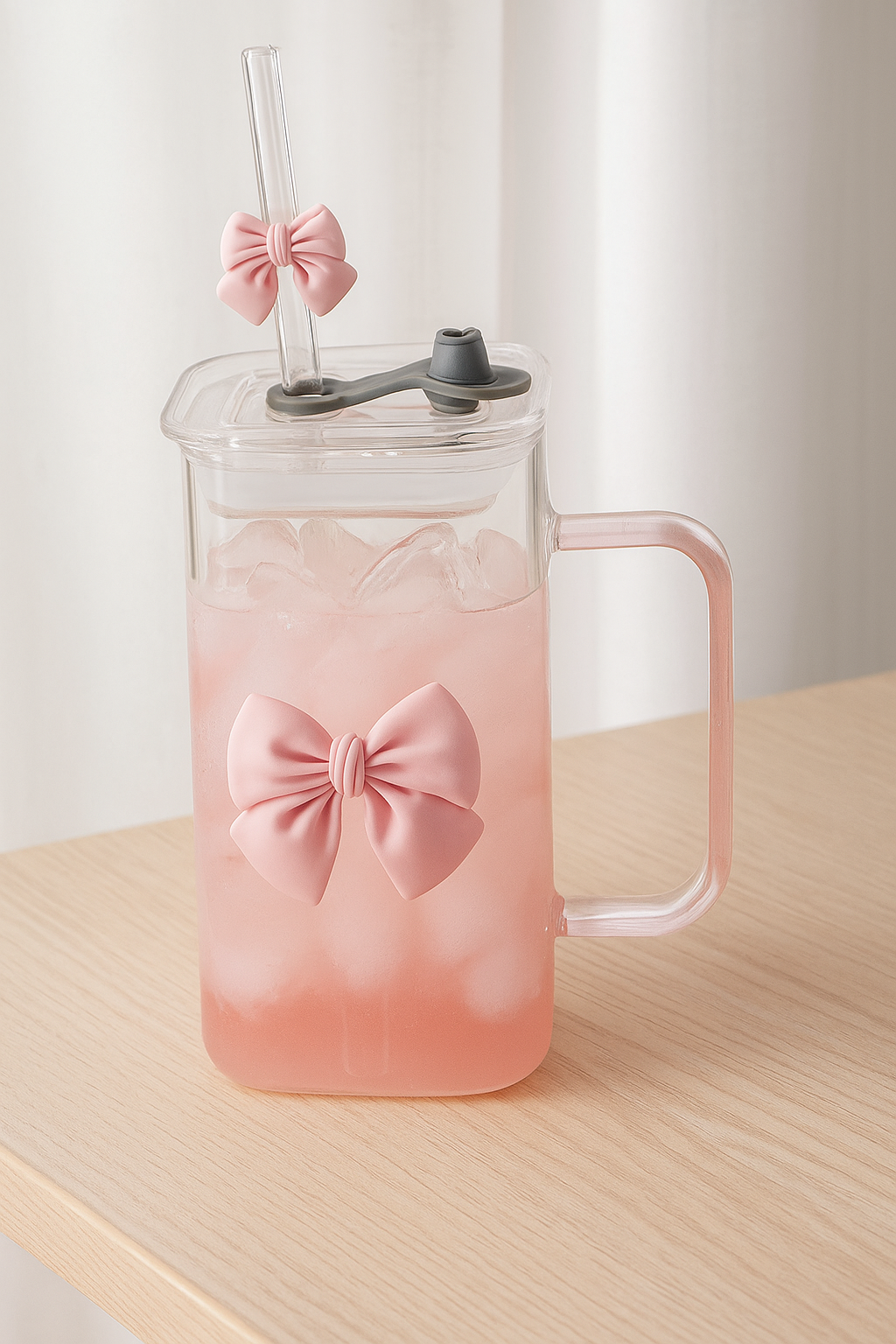 1pc Cute Bow Glass Cup with Handle and Straw Lid