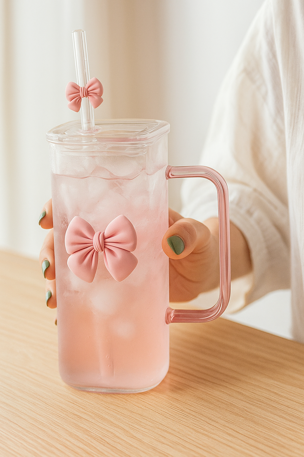 1pc Cute Bow Glass Cup with Handle and Straw Lid