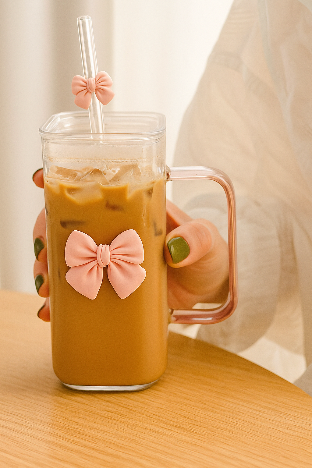 1pc Cute Bow Glass Cup with Handle and Straw Lid