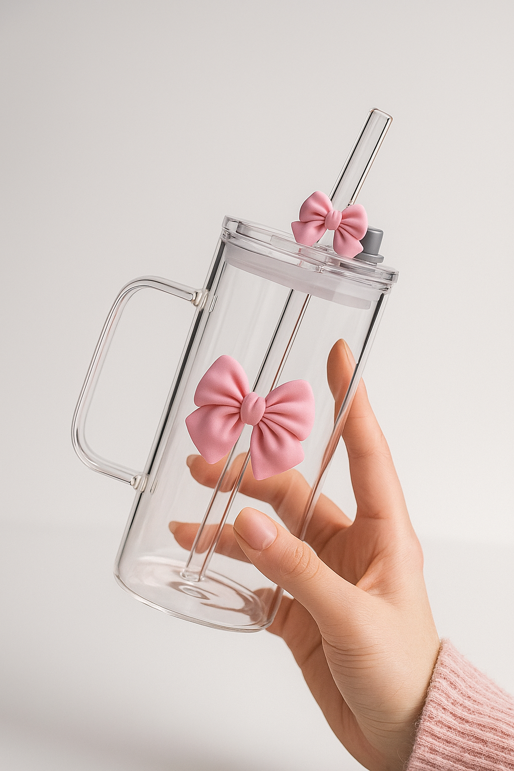 1pc Cute Bow Glass Cup with Handle and Straw Lid