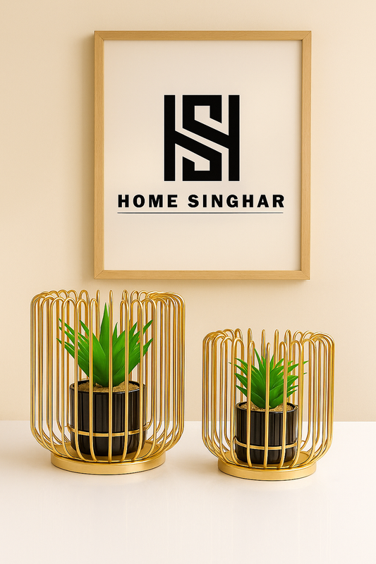 Set of 2 Metallic Golden Globe Decor with Planter Inside