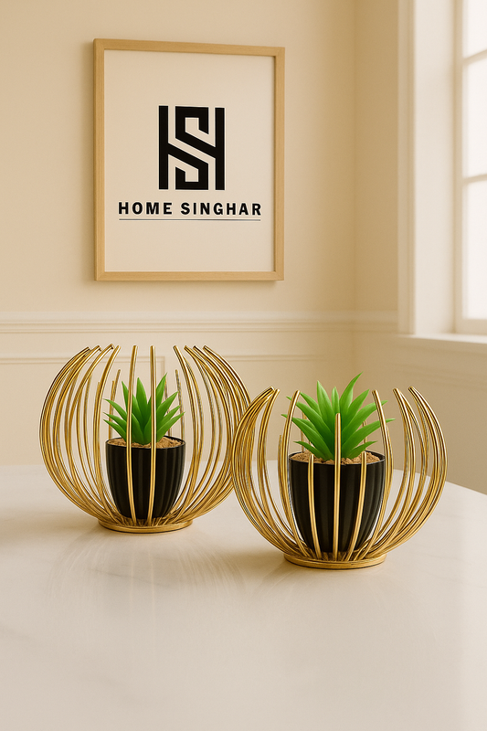 Set of 2 Metallic Golden Globe Decor with Planter Inside
