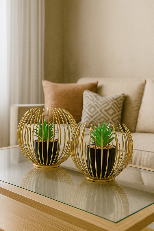 Set of 2 Metallic Golden Globe Decor with Planter Inside
