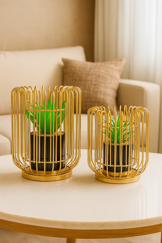 Set of 2 Metallic Golden Globe Decor with Planter Inside