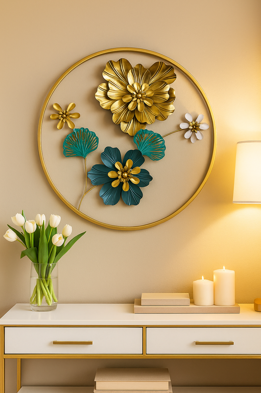 Round Golden Metal Flowers Frame