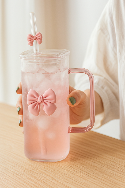 1pc Cute Bow Glass Cup with Handle and Straw Lid